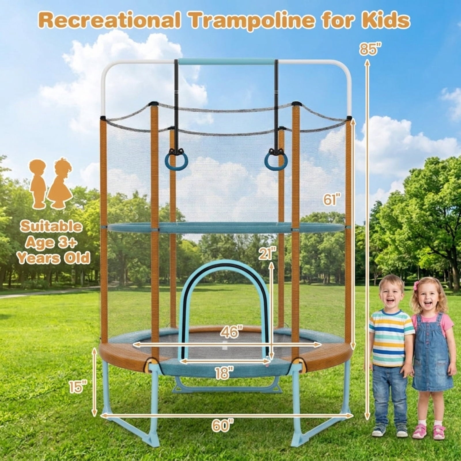Redsmile 60 Inch Trampoline with Gymnastic Bar and Rings for Kids, Orange