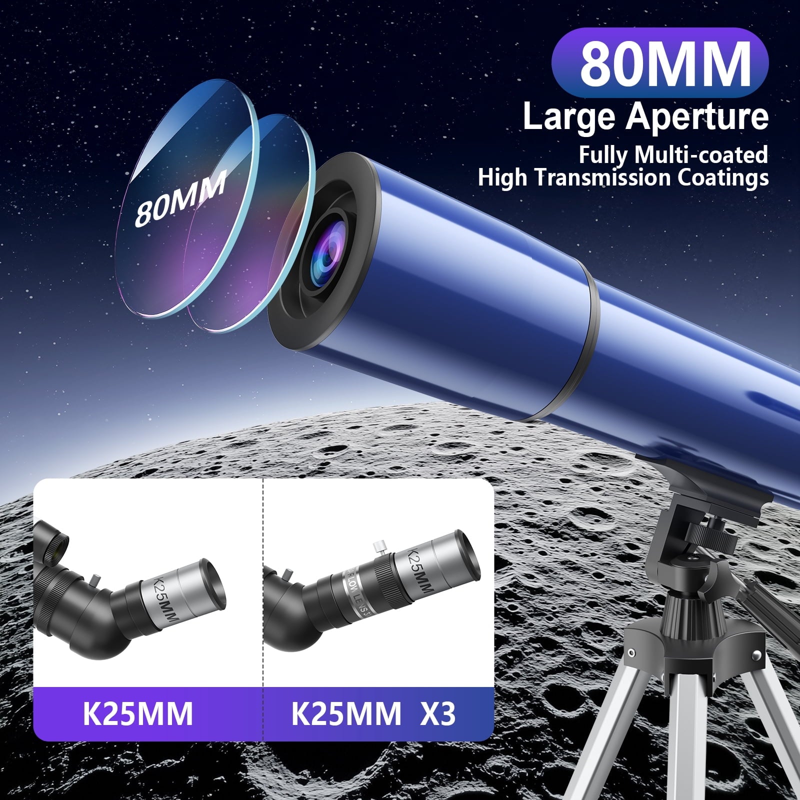 Redsmile Telescope for Adults Astronomy Beginners80mm Aperture 500mm Refractor Telescope with AZ Mount Tripod and 2 Eyepieces20x to 50x Magnification for Moon ViewingBlue