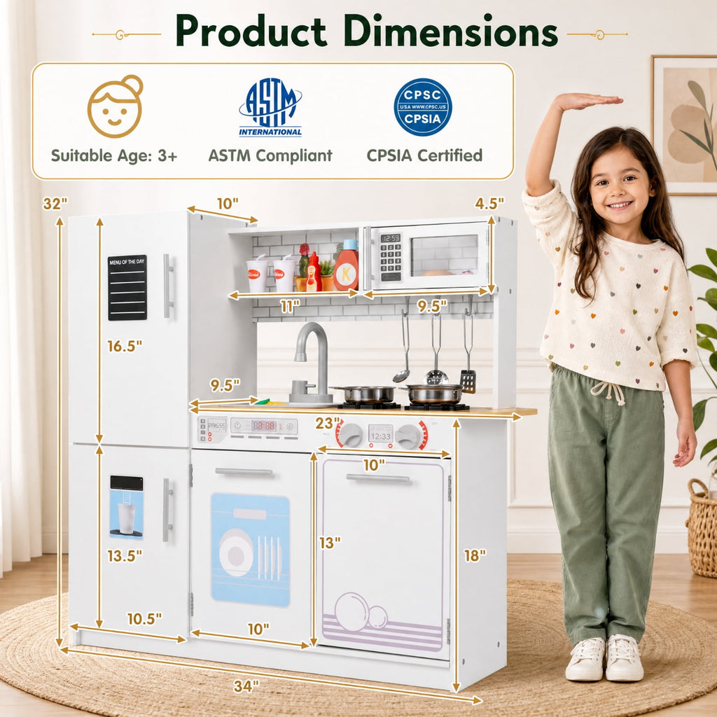 Redsmile Toddler Pretend Play Kitchen Set for Boys and Girls 3+ Years, Kids Kitchen Playset with Removable Sink, Stove, Microwave, Oven, Water Dispenser, Blackboard and Cookware, Gift, White