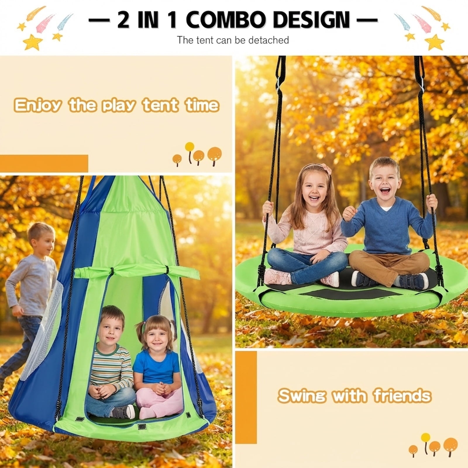 Redsmile 2-in-1 40 Inch Kids Hanging Chair Detachable Swing Tent Set 330 lbs Capacity Indoor Outdoor Play - Green