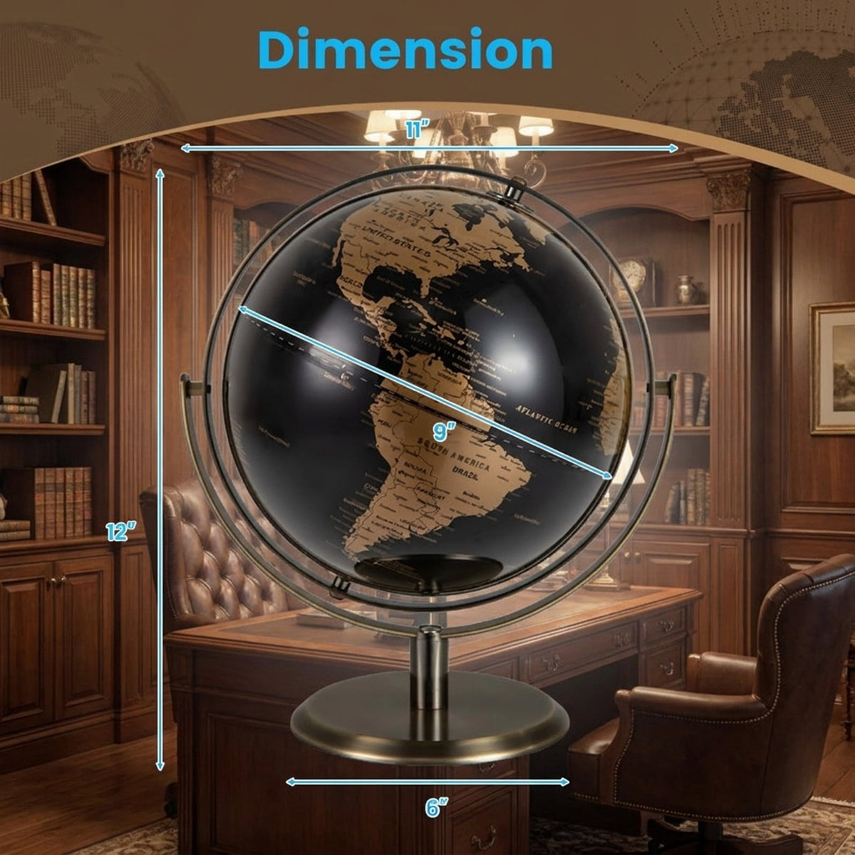 Redsmile 9-Inch World Globe with Metal Stand, Metallic Black Educational Desktop Globe with 720 Degree Rotation Time Dial and Anti-Slip Base, Geography Gift for Kids and Adults, Golden