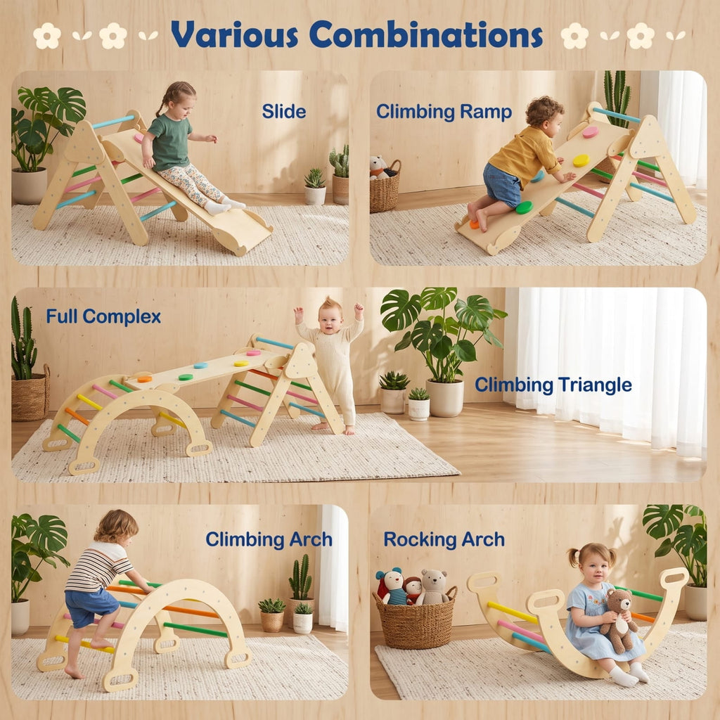 Redsmile 5-in-1 Wooden Kids Climber Toys with Triangle Arch Ramp for Kids Toddlers, Indoor Outdoor Playset for Boys and Girls 1+ Years Old, Multicolor