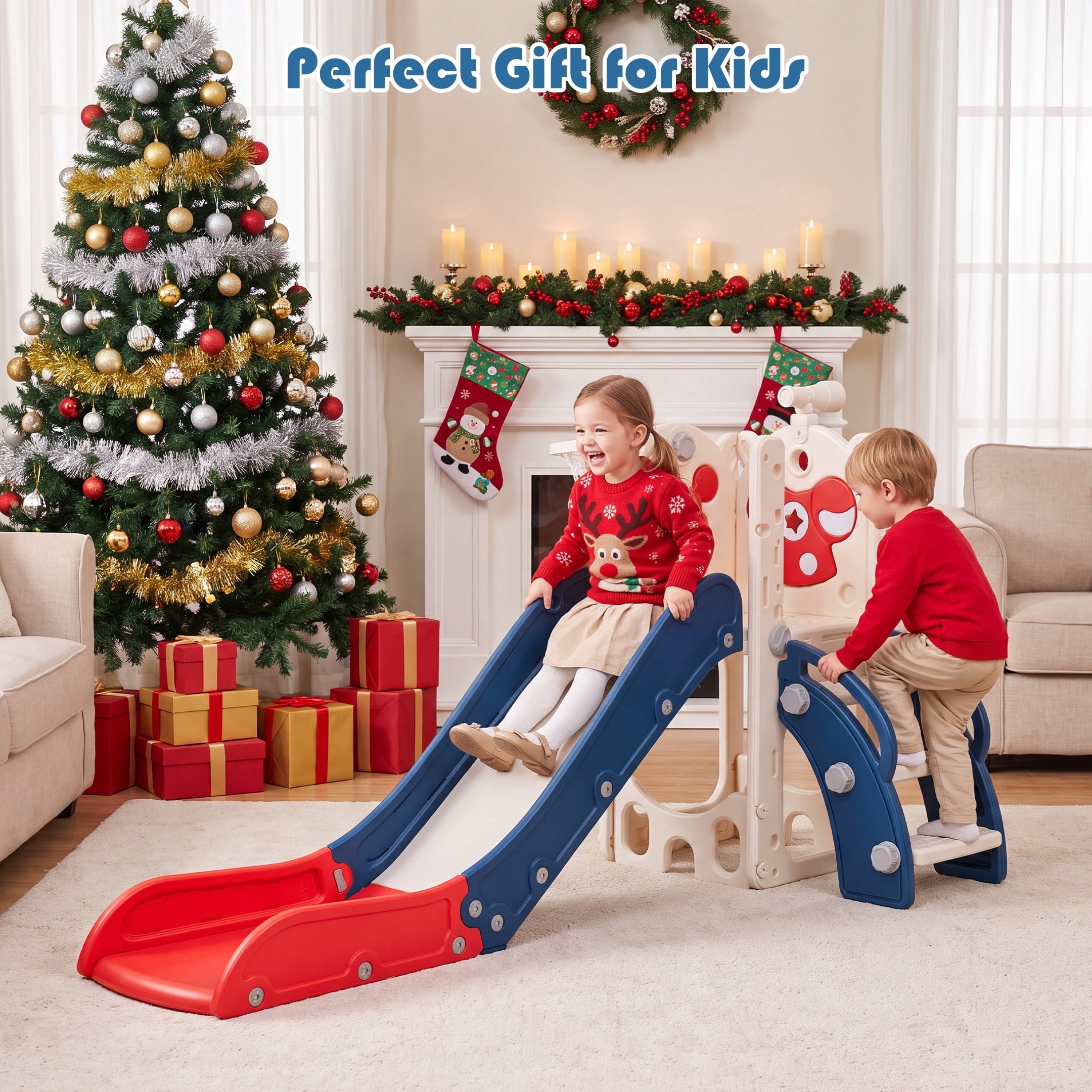 Redsmile 7-in-1 Toddler Slide with Climber and Basketball Hoop, Foldable Indoor Outdoor Kids Slide Playset with Golf Set