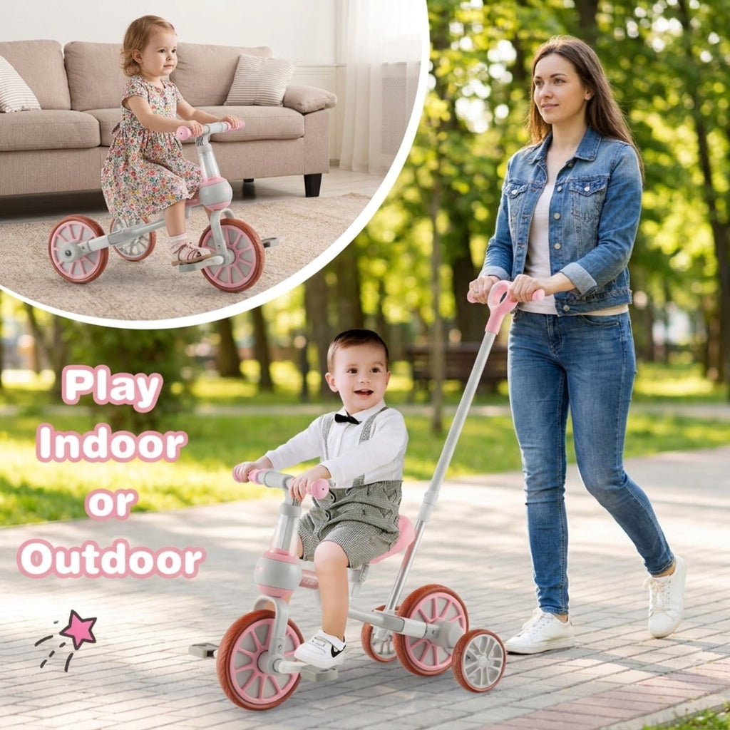 Redsmile Kids Tricycle 4-in-1 Trike Bike for Toddlers Ages 2-4 with Adjustable Parent Push Handle and Seat Height, Carbon Steel Frame Holds 66 lbs, Pink