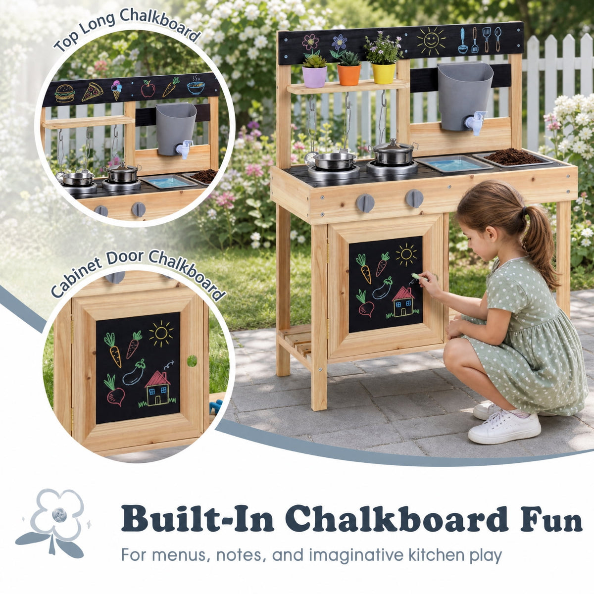 Redsmile Mud Kitchen for Kids Outdoor with 2 Removable Sinks, Fir Wood Play Kitchen Set with Water Box Faucet 2 Stoves and 5 Kitchenware, Toddler Backyard Playset for Ages 3+, Natural