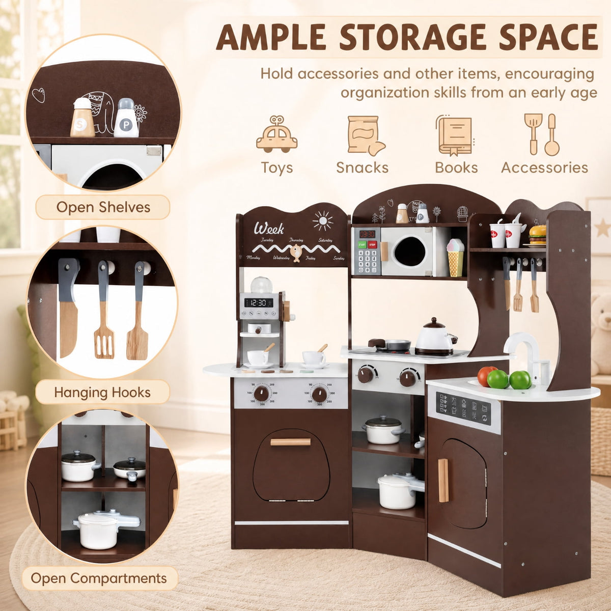 Redsmile Corner Wooden Play Kitchen Set for Kids 3+ Years, Pretend Play Kitchen with Coffee Machine, Slide, Light-Up Microwave, Stoves, Washing Machine and 20 Accessories, Brown