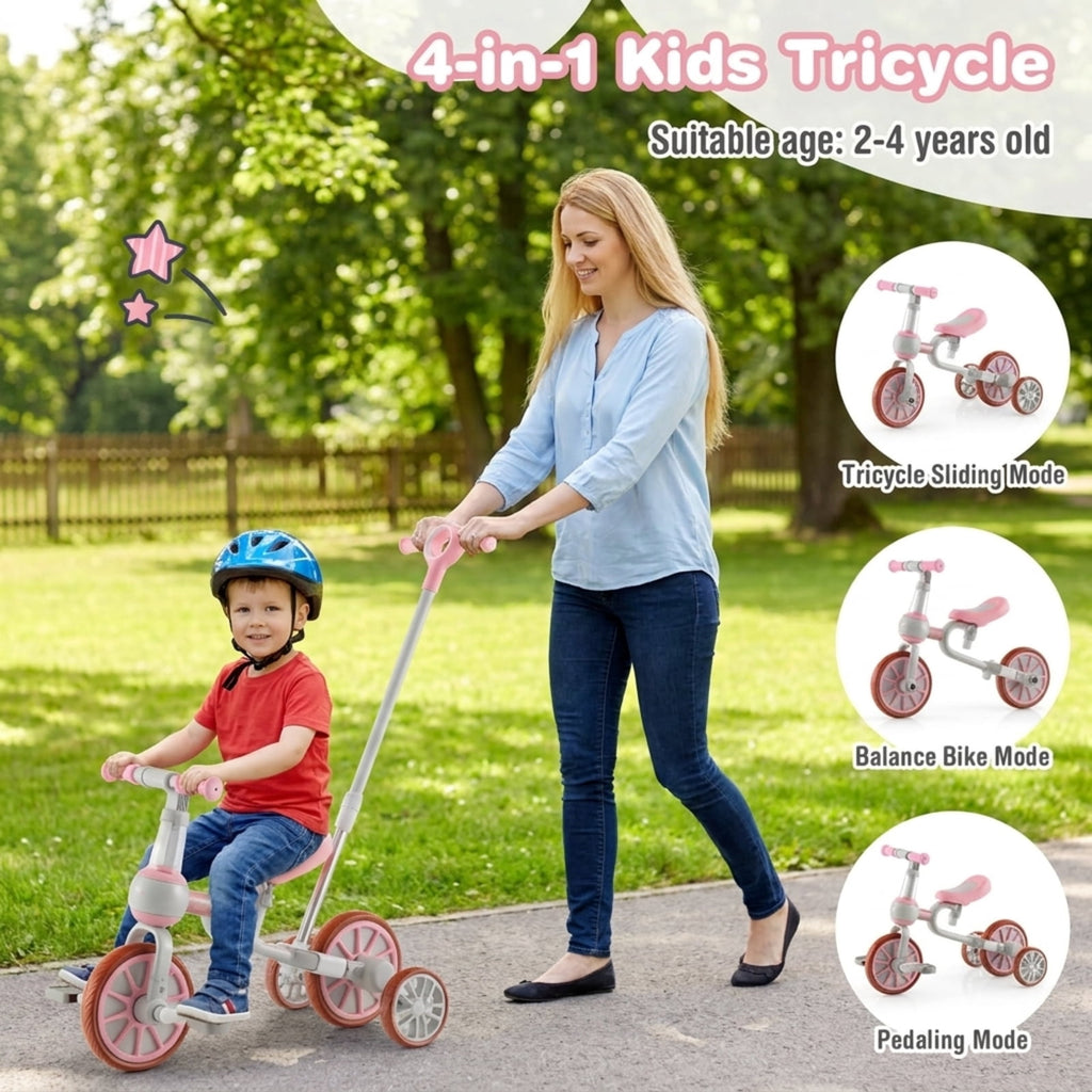 Redsmile Kids Tricycle 4-in-1 Trike Bike for Toddlers Ages 2-4 with Adjustable Parent Push Handle and Seat Height, Carbon Steel Frame Holds 66 lbs, Pink