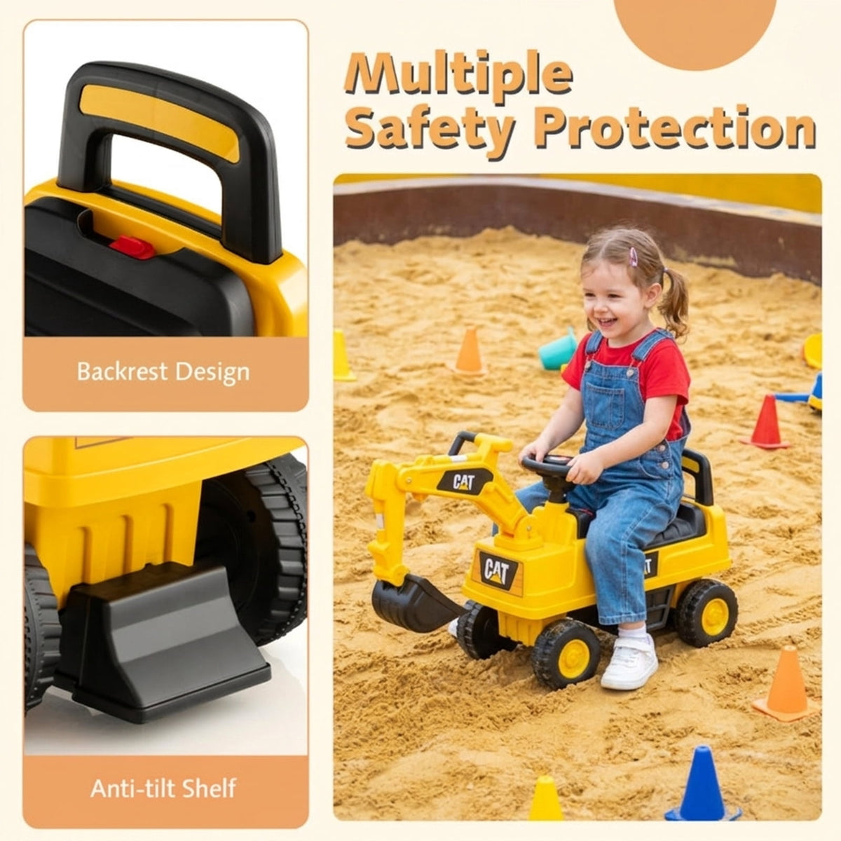 Redsmile Kids Ride On Digger Excavator Toy for Toddlers, Licensed CAT Sit-On Construction Vehicle with Working Shovel Arm, Foot-to-Floor Push Ride-On, Holds 55 lbs, Yellow