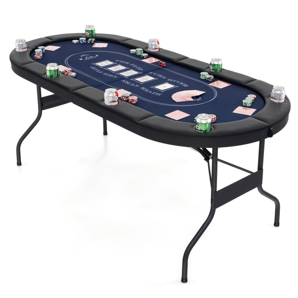 Redsmile 72 Inch Foldable Poker Table for 8 Players, Portable Oval Card Game Table with 8 Cup Holders, Folding Poker Table with PU Leather Armrests for Home Party Camping, Black and Blue