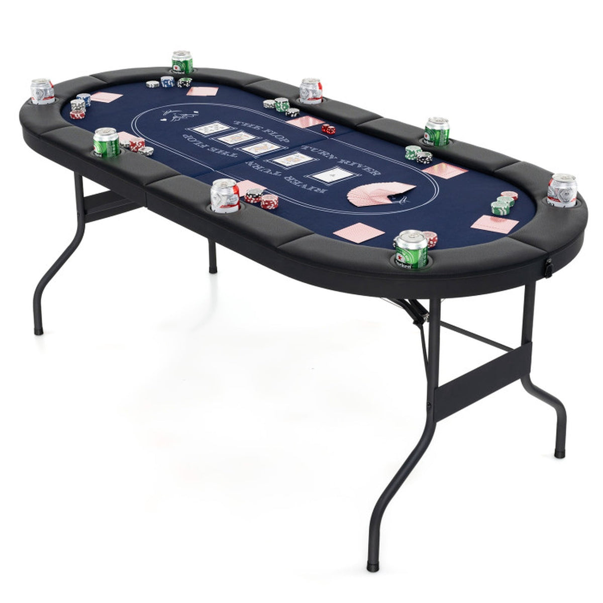 Redsmile 72 Inch Foldable Poker Table for 8 Players, Portable Oval Card Game Table with 8 Cup Holders, Folding Poker Table with PU Leather Armrests for Home Party Camping, Black and Blue