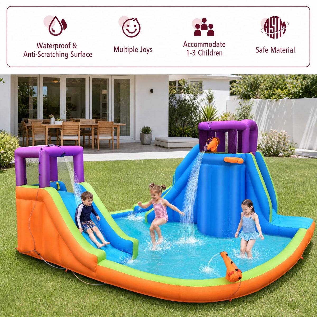 Redsmile 6-in-1 Inflatable Dual Water Slide Bounce House, Backyard Water Slide with 4 Sprayers, 2 Water Guns and Basketball Hoop for Kids Ages 3-10, ASTM Outdoor Fun (Without Blower)