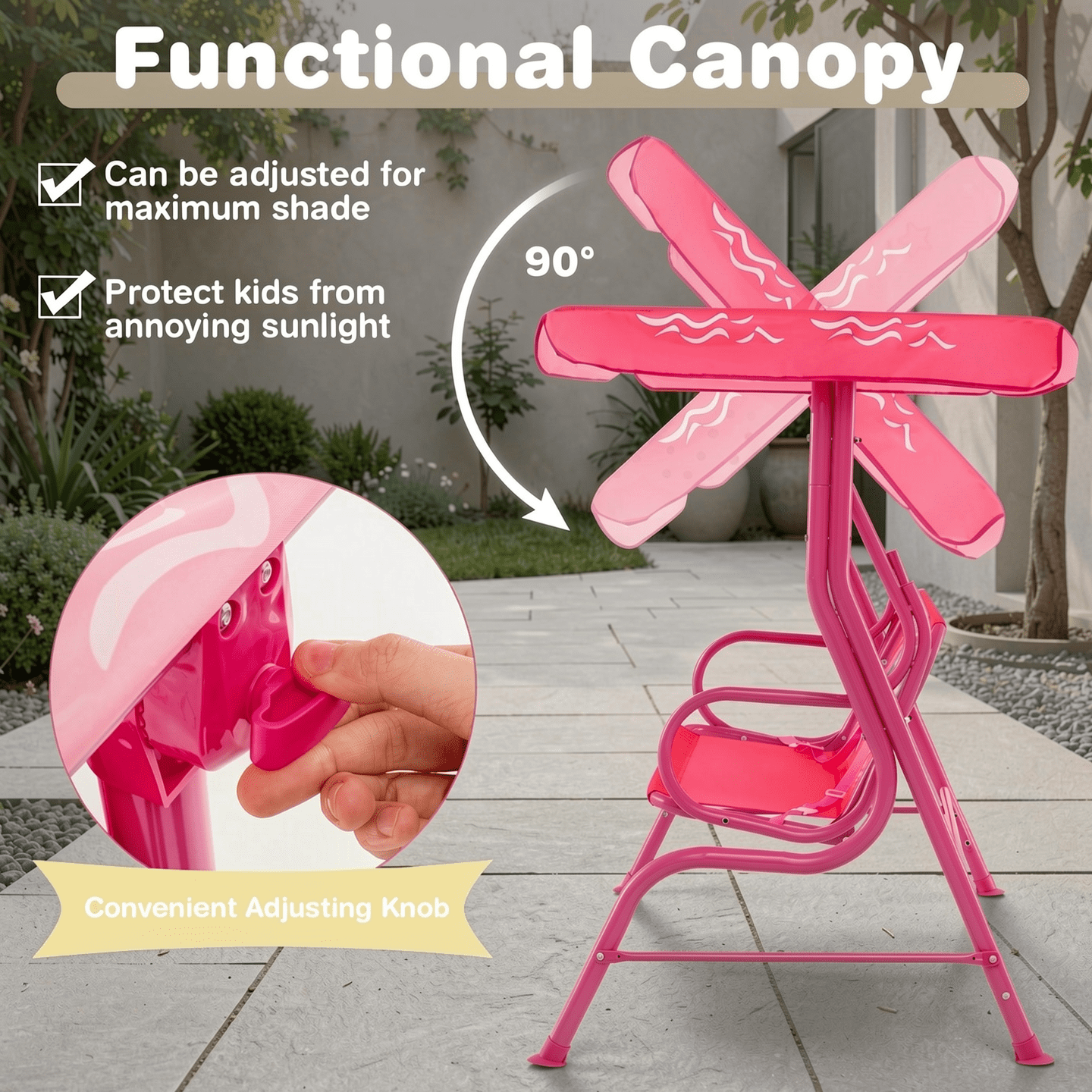 Redsmile 2-Seater Kids Patio Swing with Metal Stand and Adjustable Canopy - Pink - Backyard Play - Outdoor Fun
