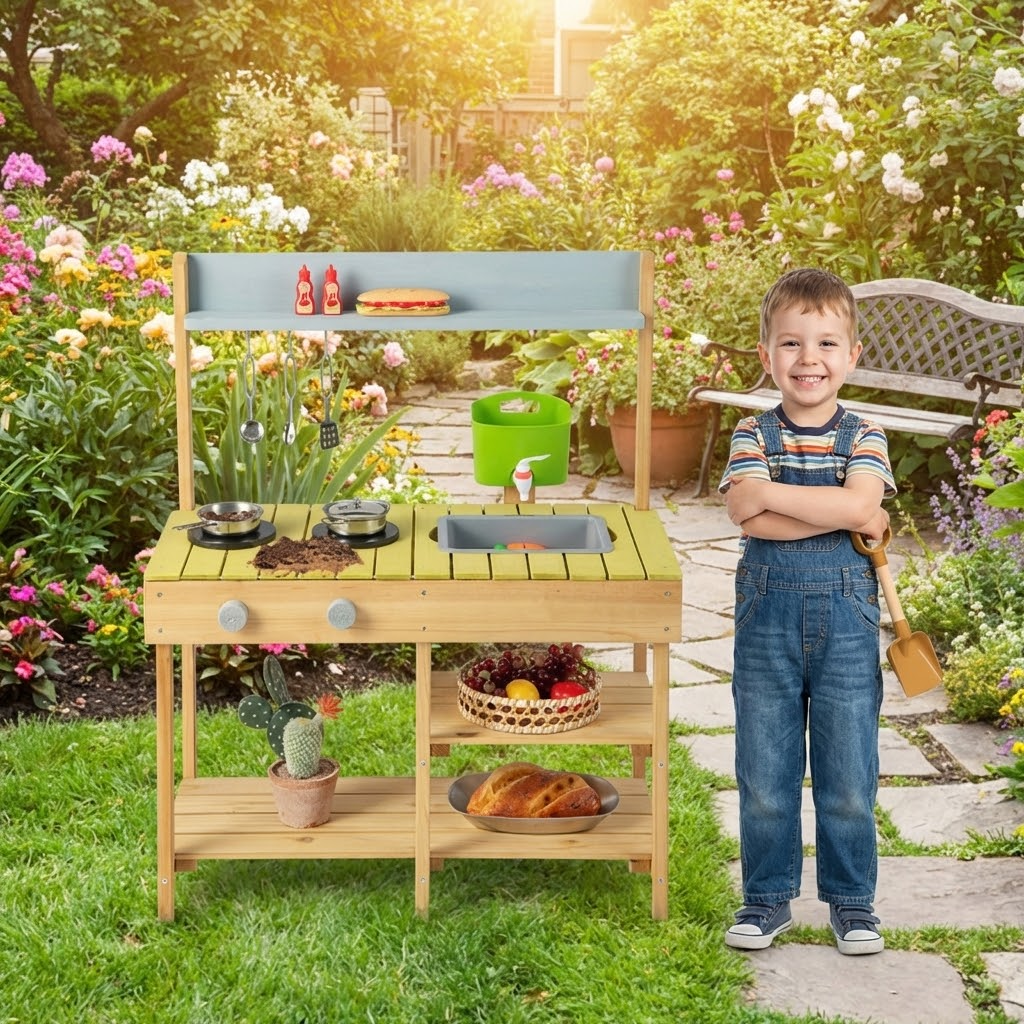 Redsmile Play Kitchen,Wooden Kids Kitchen Playset with Stove Top,Pretend Play Toy Kitchen Gift for Girls Boys Ages 3-10,Multicolor