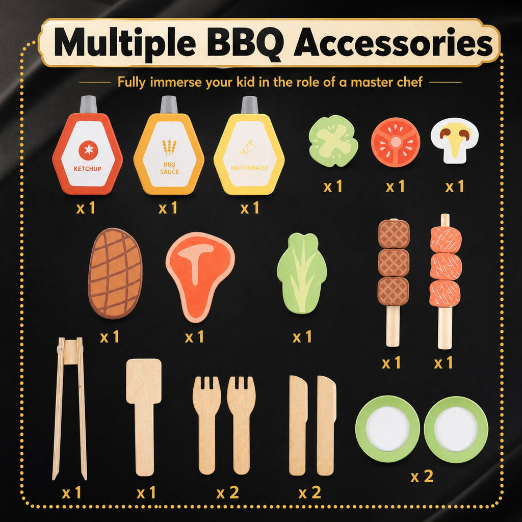 Redsmile Wooden BBQ Grill Playset for Kids with Chalkboard Sink and Cabinet, Pretend Play Barbecue Kitchen Set with 25 Accessories Grilling Tools and Play Food, Toddler Playset, Natural