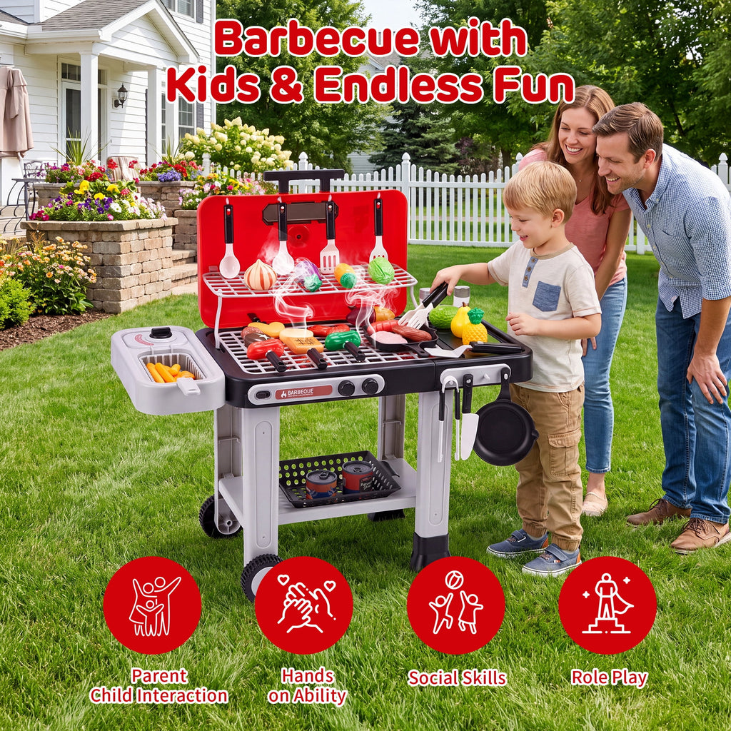 Redsmile Kids BBQ Grill Toy with Spray Light and Sound, Color-Changing Play Food Set, Pretend Play Kitchen Toy for Boys Girls