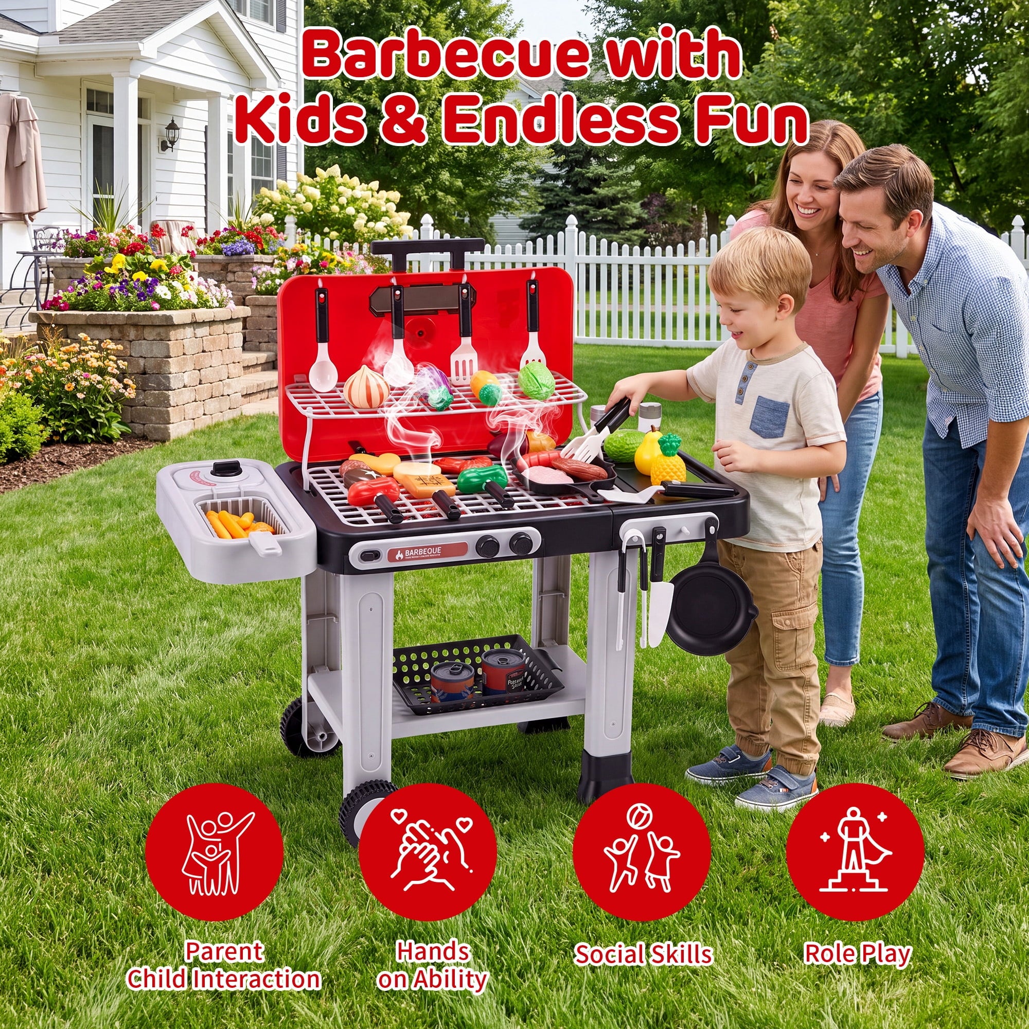 Redsmile Kids BBQ Grill Toy with Spray Light and Sound, Color-Changing Play Food Set, Pretend Play Kitchen Toy for Boys Girls
