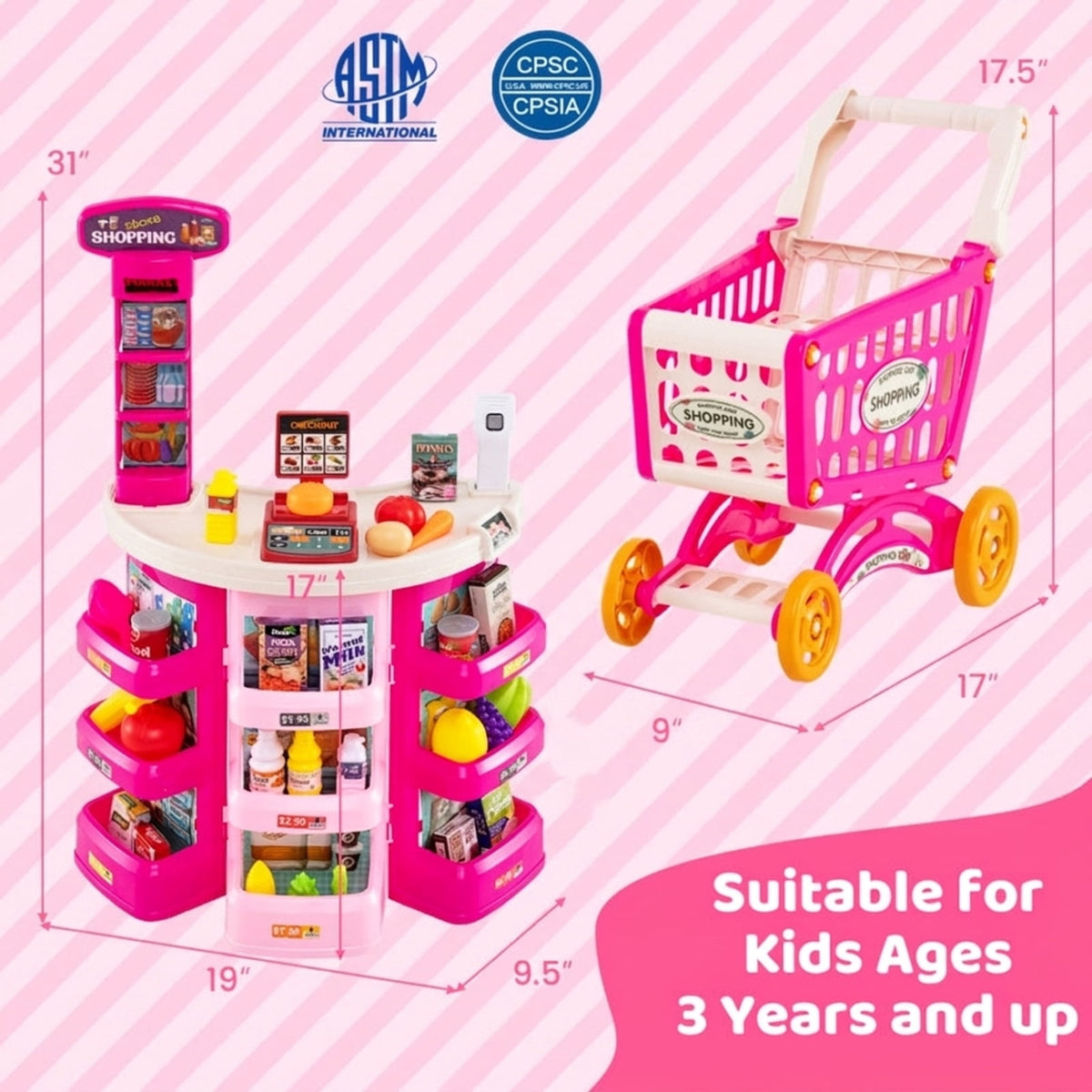 Redsmile Supermarket Playset for Kids 76 PCS Pretend Play Grocery Store Set with Shopping Cart, Pink