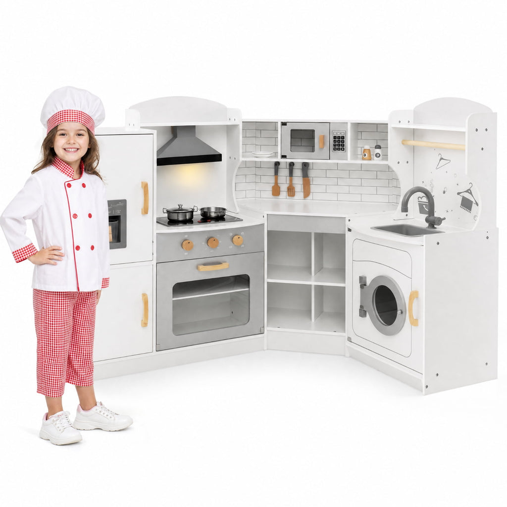 Redsmile Corner Kids Play Kitchen Set for Boys and Girls 3-10 Years, Pretend Play Kitchen with Washing Machine, Ice Maker, Sink, Hanging Hooks and Towel Rack, Fits 4 Kids, Gift, White
