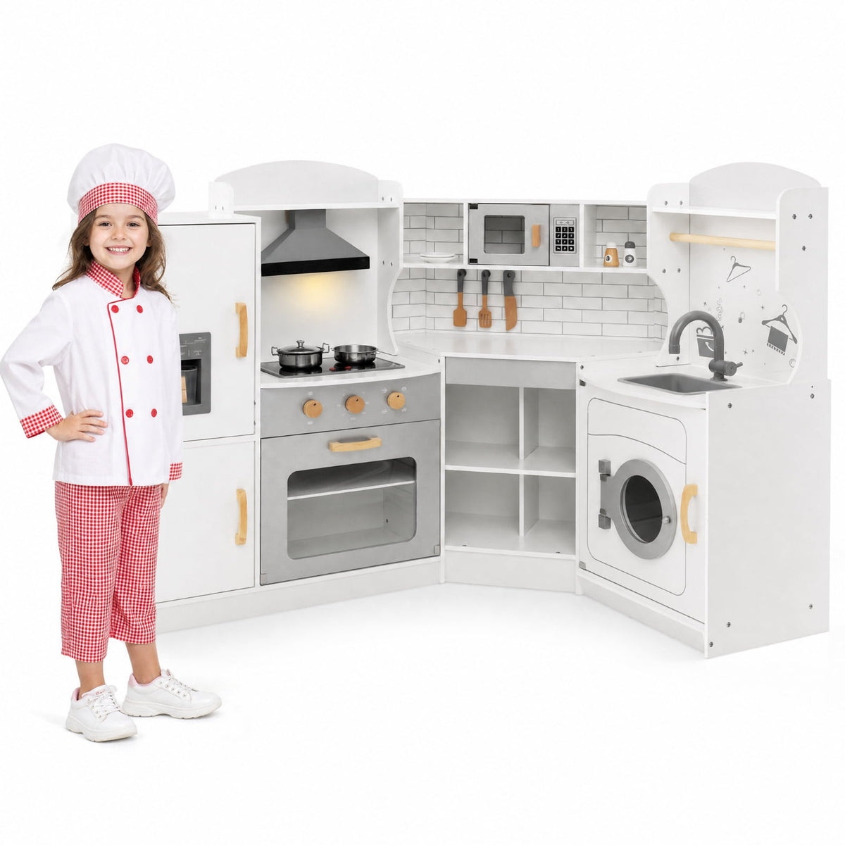 Redsmile Corner Kids Play Kitchen Set for Boys and Girls 3-10 Years, Pretend Play Kitchen with Washing Machine, Ice Maker, Sink, Hanging Hooks and Towel Rack, Fits 4 Kids, Gift, White