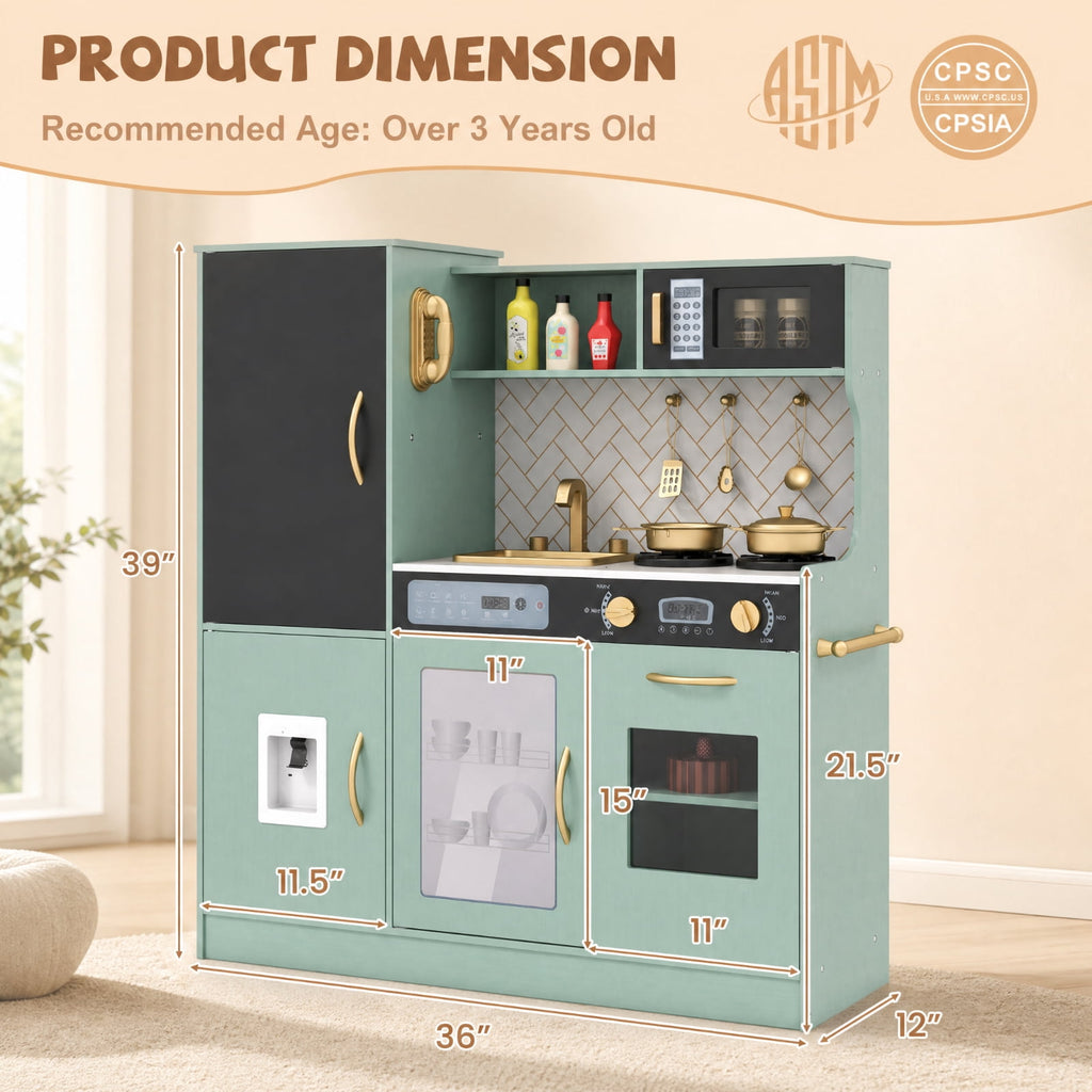 Redsmile Pretend Play Kitchen for Kids with Lights and Sounds, Wooden Play Kitchen Set with Dishwasher Oven Microwave Sink Faucet Water Dispenser and Utensils, Toddler Playset, Green