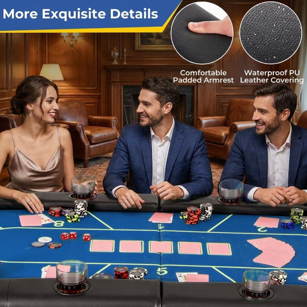 Redsmile 72 Inch Foldable Poker Table with 8 Cup Holders, Portable Casino Card Game Table with Padded Armrests Waterproof PU Leather and Non-Slip Feet for Home Game Room, Blue