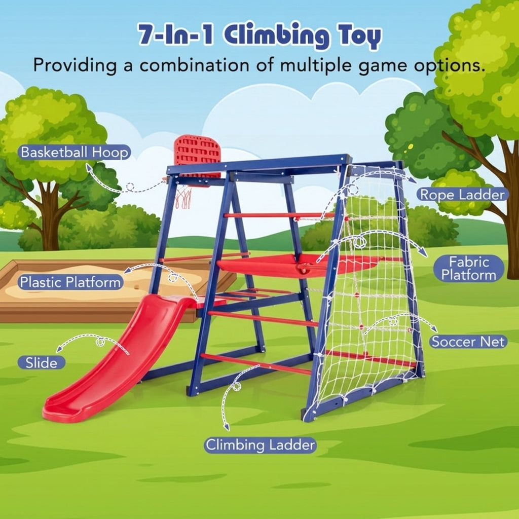 Redsmile 7-in-1 Metal Toddler Climbing Toys for Ages 3-7, Kids Indoor Playground Jungle Gym with Slide, Climbing Net and Rope Ladder, Montessori Climber, Christmas Gift, Red and Blue