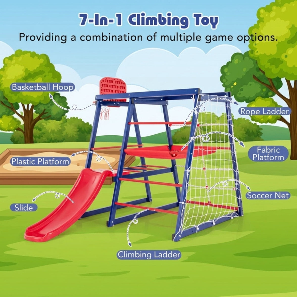 Redsmile 7-in-1 Metal Toddler Climbing Toys for Ages 3-7, Kids Indoor Playground Jungle Gym with Slide, Climbing Net and Rope Ladder, Montessori Climber, Christmas Gift, Red and Blue