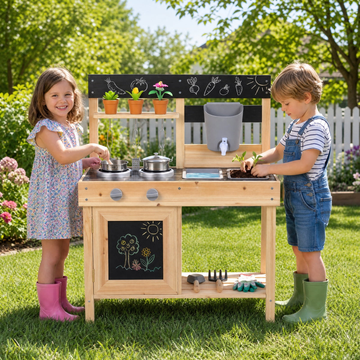 Redsmile Mud Kitchen for Kids Outdoor with 2 Removable Sinks, Fir Wood Play Kitchen Set with Water Box Faucet 2 Stoves and 5 Kitchenware, Toddler Backyard Playset for Ages 3+, Natural