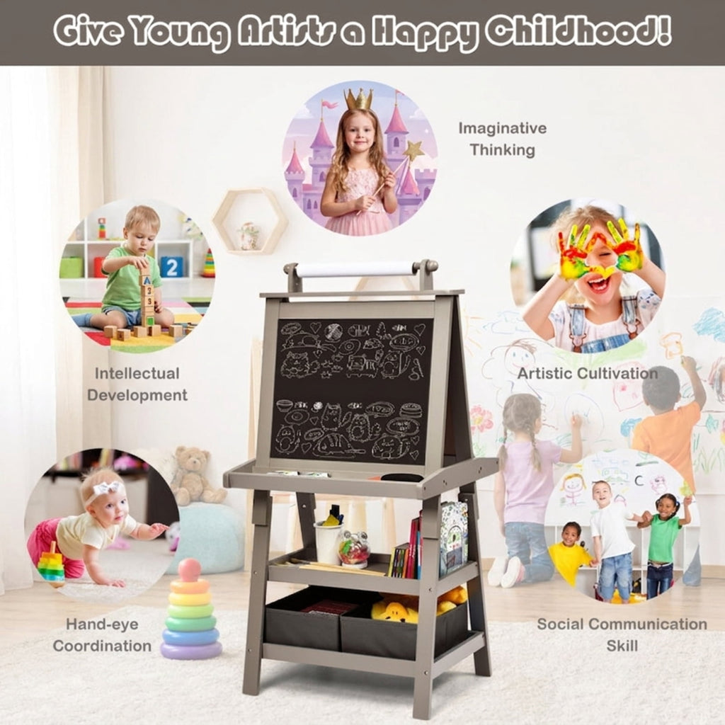 Redsmile 3-in-1 Double-Sided Kids Art Easel with Paper Roll and Storage Bins, Art Easel for Kids, Standing Easel, Double Sided Easel for Toddlers Boys Girls, Christmas Birthday Gift, Gray