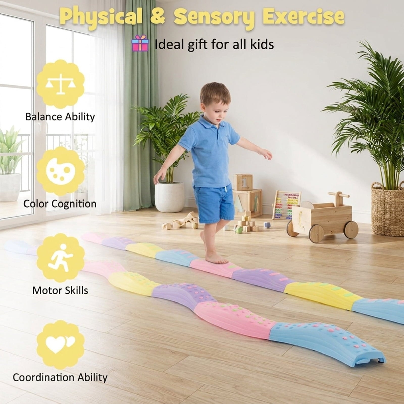 Redsmile Kids Balance Beam, Wavy Balance Beam Set with Textured Non-Slip Surface, Configurable Toddler Balance Toy, Pink and Purple
