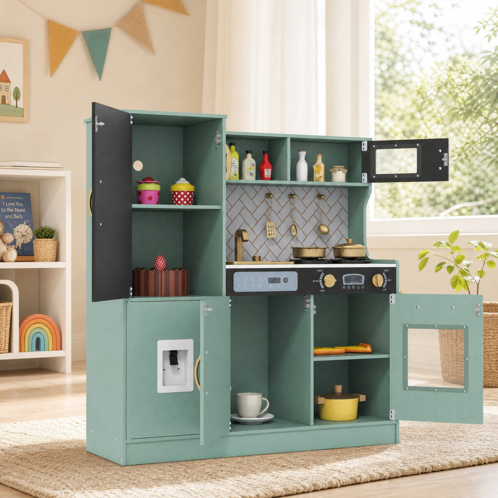 Redsmile Pretend Play Kitchen for Kids with Lights and Sounds, Wooden Play Kitchen Set with Dishwasher Oven Microwave Sink Faucet Water Dispenser and Utensils, Toddler Playset, Green