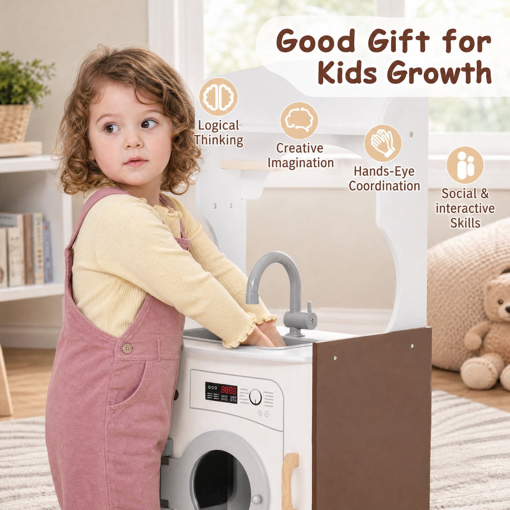 Redsmile Corner Toddler Kitchen Playset for Kids 3-10 Years, Pretend Play Kitchen Set with Ice Maker, Microwave Oven, Sink and Washing Machine, Hanging Hooks and Towel Rack, Fits 4 Kids, White