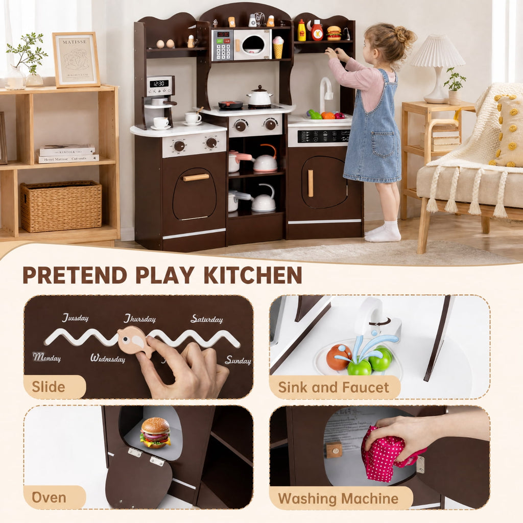 Redsmile Corner Wooden Play Kitchen Set for Kids 3+ Years, Pretend Play Kitchen with Coffee Machine, Slide, Light-Up Microwave, Stoves, Washing Machine and 20 Accessories, Brown