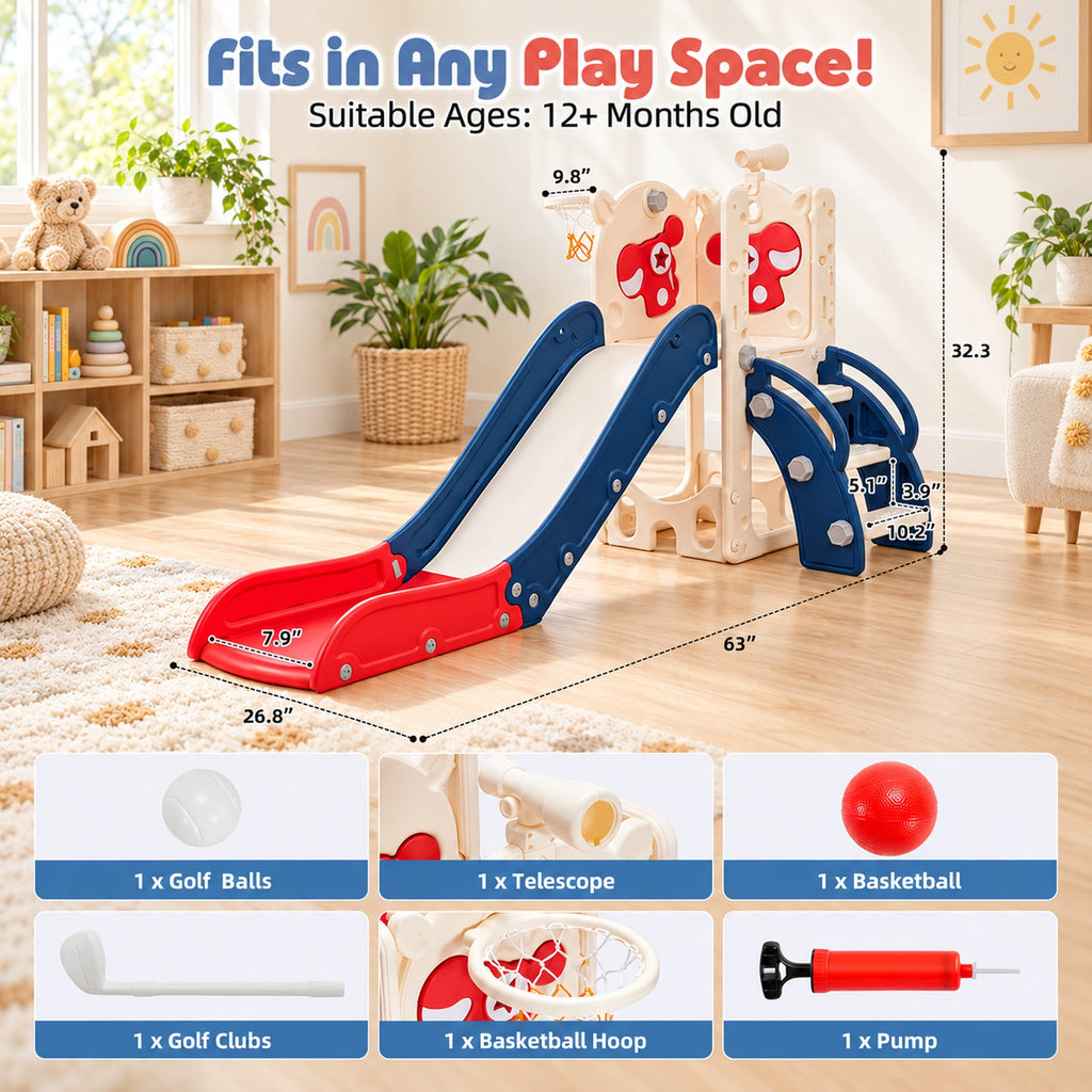 Redsmile 7-in-1 Toddler Slide and Climber Set with Basketball Hoop, Golf Set and Telescope, Foldable Indoor Outdoor Kids Slide Playset for Backyard and Playroom