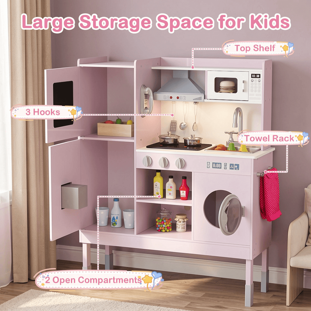Redsmile Play Kitchen,Wooden Kids Kitchen Playset with Realistic Lights and Sounds,Pretend Play Toy Kitchen with Ice Maker and Range Hood,Gift for Girls Boys Ages 3-10,Pink