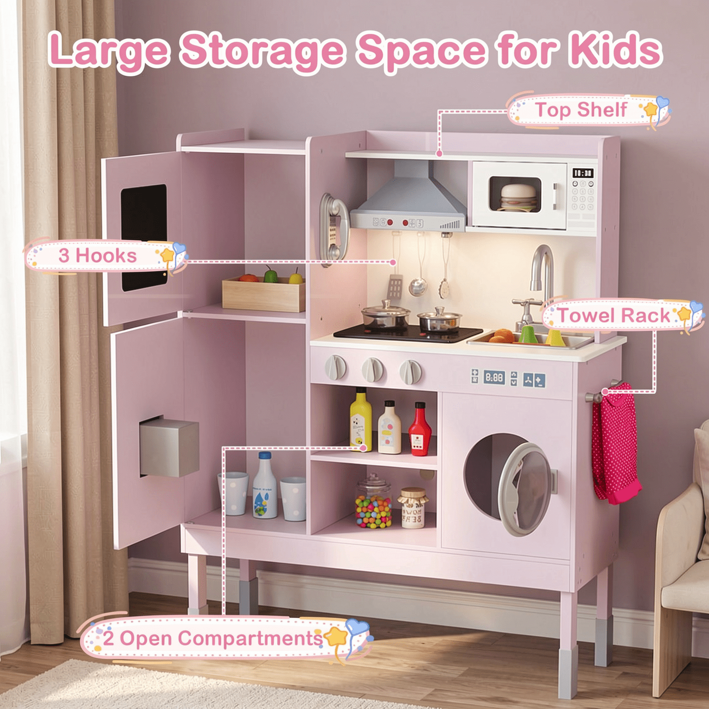 Redsmile Play Kitchen,Wooden Kids Kitchen Playset with Realistic Lights and Sounds,Pretend Play Toy Kitchen with Ice Maker and Range Hood,Gift for Girls Boys Ages 3-10,Pink