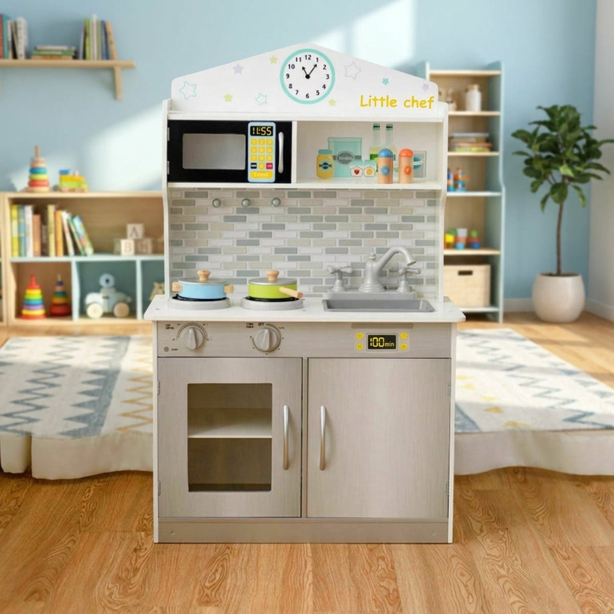 Redsmile Wooden Play Kitchen for Kids, Pretend Cooking Playset with Cookware Accessories, Toddler Kitchen Toy, Beige