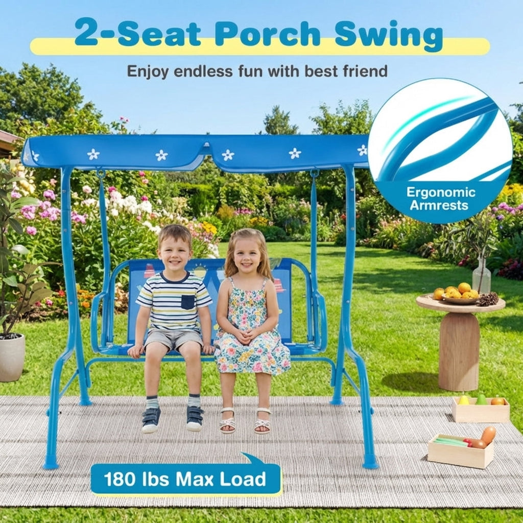 Redsmile 2-Seater Kids Patio Swing with Metal Stand and Adjustable Canopy - Blue - Backyard Play - Outdoor Fun