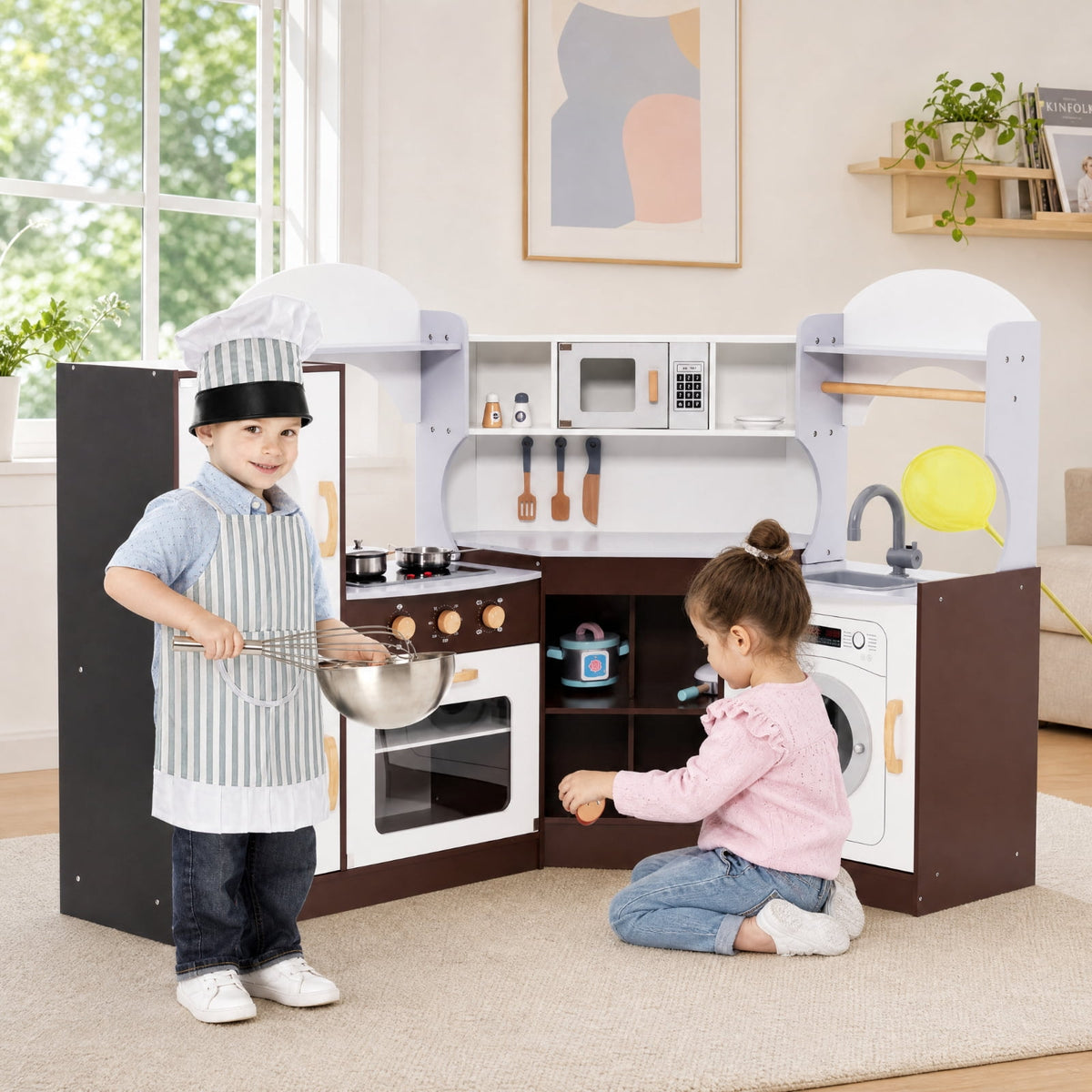 Redsmile Corner Toddler Kitchen Playset for Kids 3-10 Years, Pretend Play Kitchen Set with Ice Maker, Microwave Oven, Sink and Washing Machine, Hanging Hooks and Towel Rack, Fits 4 Kids, White