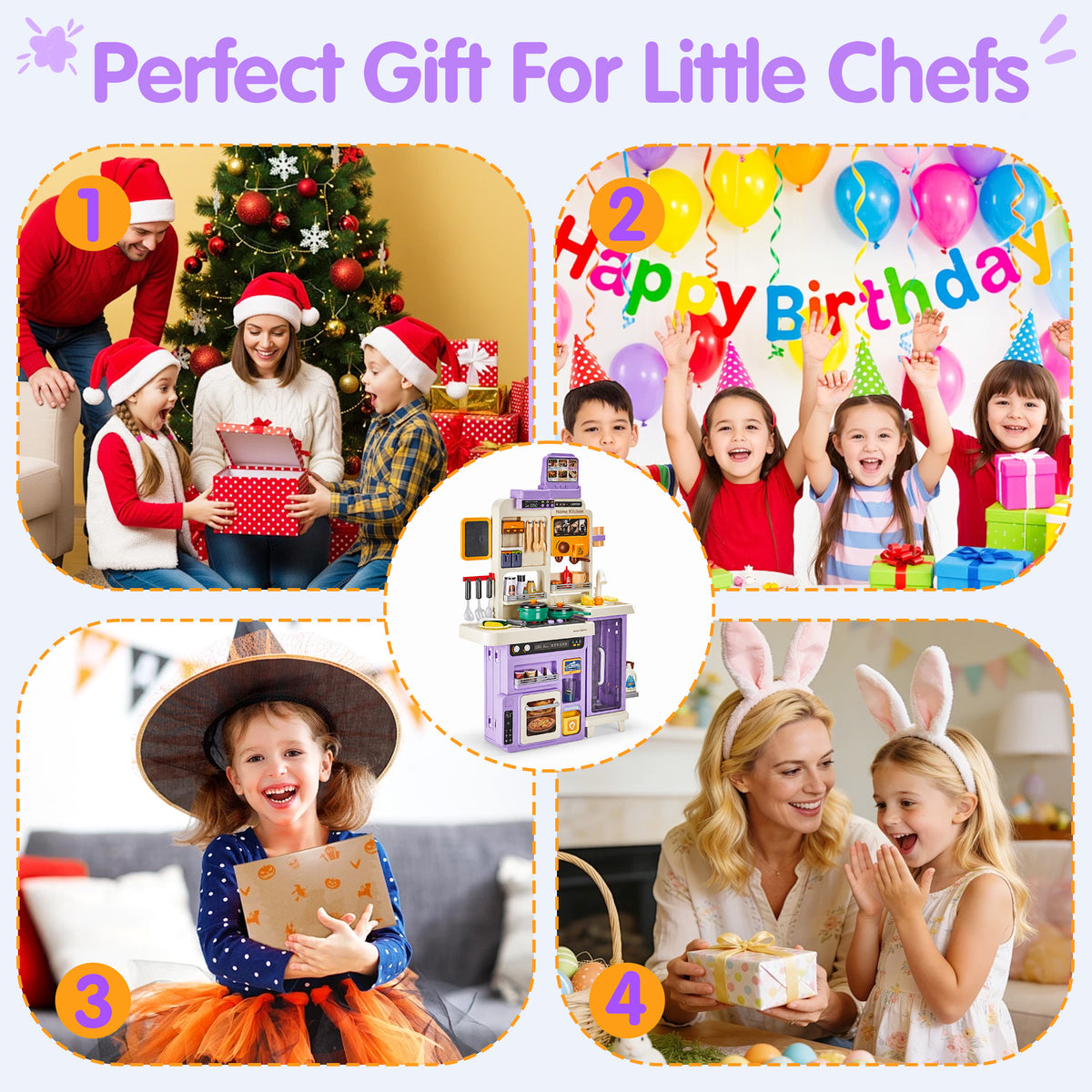 Redsmile Play Kitchen Set with Interactive Menu, Steam Stove, Ice Coffee Maker, Lights, Sounds Music, Apron Set and Food Cards,Pretend Play Toys Gifts for Kids,Purple