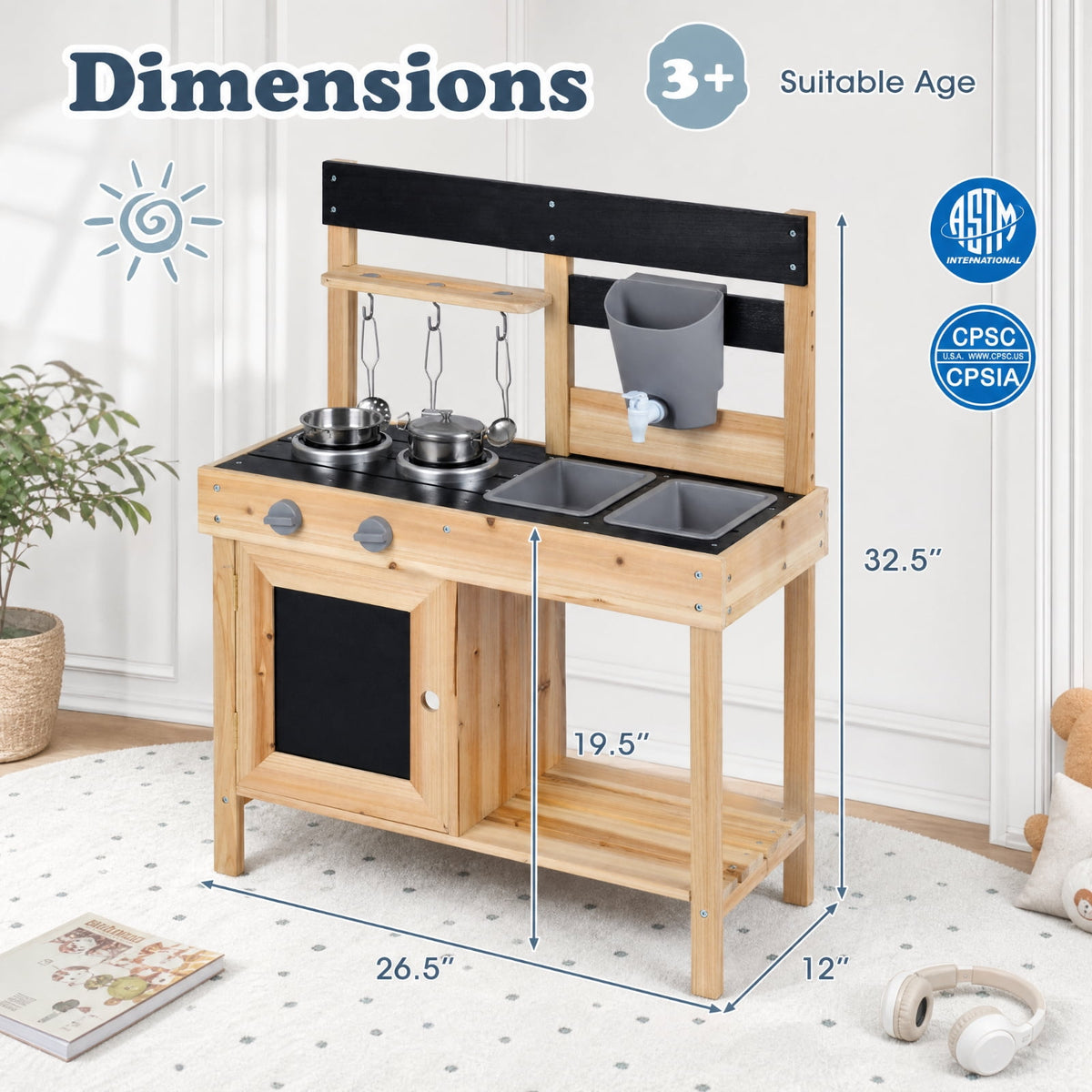 Redsmile Mud Kitchen for Kids Outdoor with 2 Removable Sinks, Fir Wood Play Kitchen Set with Water Box Faucet 2 Stoves and 5 Kitchenware, Toddler Backyard Playset for Ages 3+, Natural