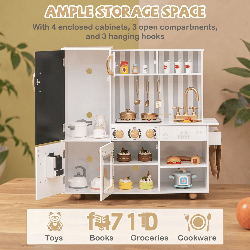 Redsmile Play Kitchen,Wooden Kids Kitchen Playset with Dish Washable Machine,Oven,Realistic Lights and Sounds,Pretend Play Toy Kitchen Gift for Girls Boys Ages 3-10,White