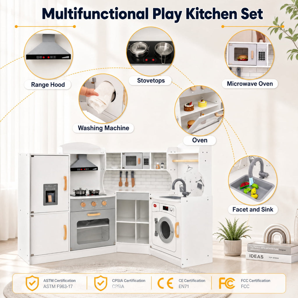 Redsmile Corner Kids Play Kitchen Set for Boys and Girls 3-10 Years, Pretend Play Kitchen with Washing Machine, Ice Maker, Sink, Hanging Hooks and Towel Rack, Fits 4 Kids, Gift, White