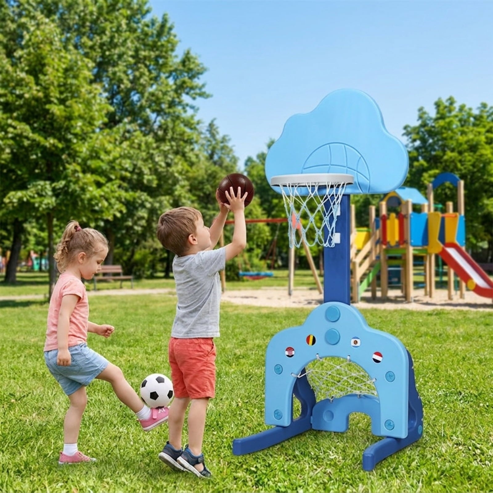 Redsmile Kids Basketball Hoop Set, 3-in-1 Sports Set with Basketball Soccer and Golf, Adjustable Height Toddler Sports Toy, Blue
