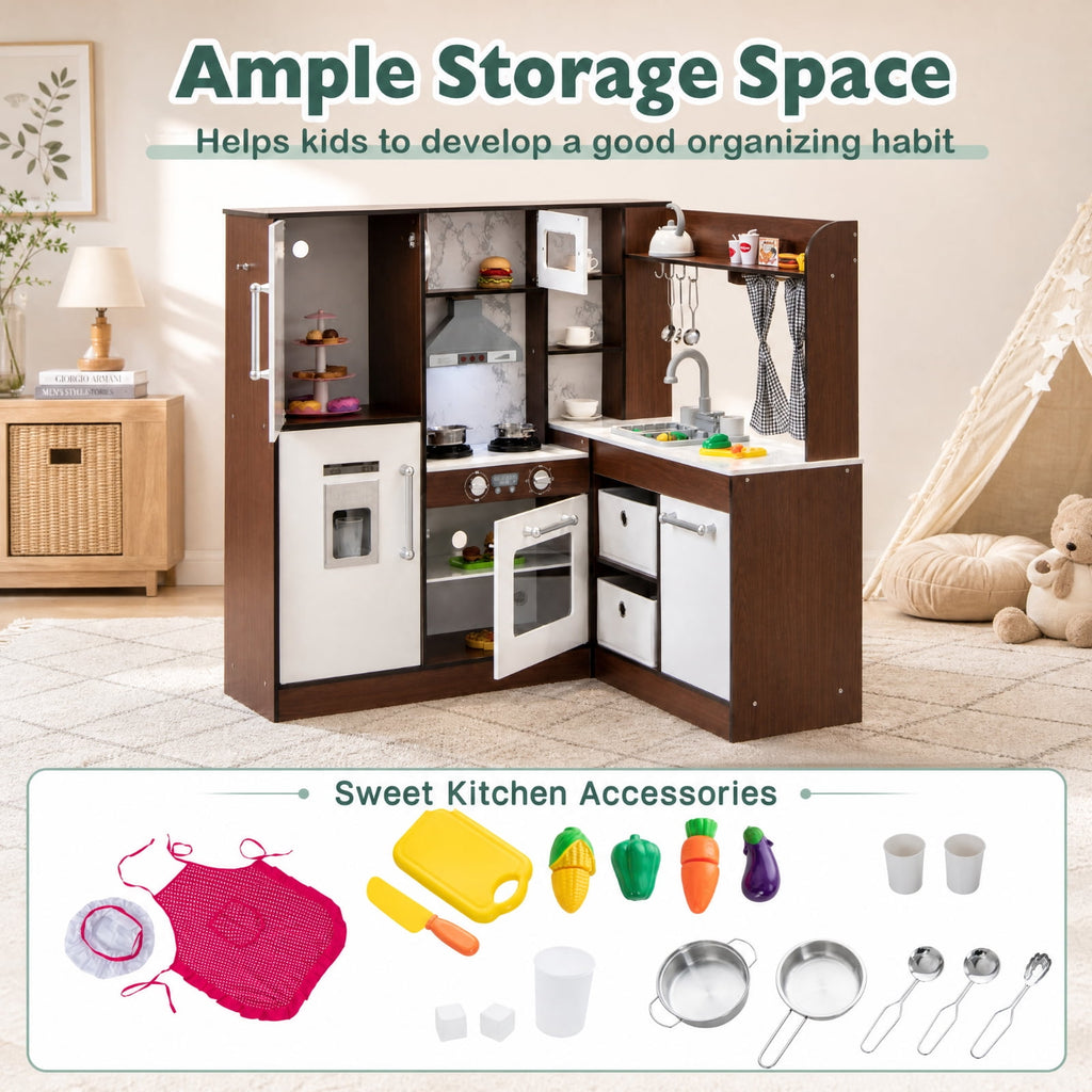 Redsmile Wooden Corner Play Kitchen Set for Toddlers 3+ Years, Pretend Play Kitchen with Water Circulation System, 360 Faucet, Sound and Light Range Hood, Ice Maker and Fabric Bins, Brown