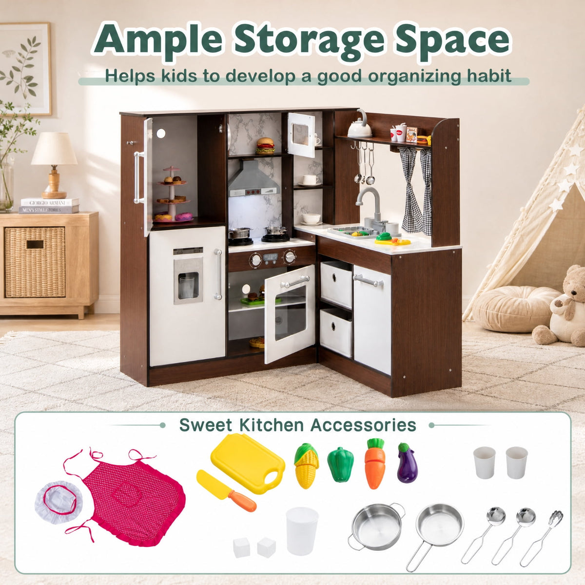 Redsmile Wooden Corner Play Kitchen Set for Toddlers 3+ Years, Pretend Play Kitchen with Water Circulation System, 360 Faucet, Sound and Light Range Hood, Ice Maker and Fabric Bins, Brown