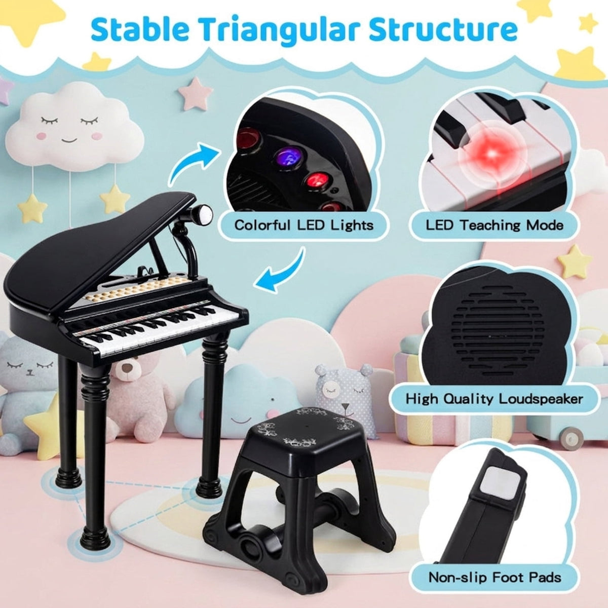 Redsmile 31-Key Kids Piano Keyboard with LED Light-Up Keys and Microphone for Beginners and Young Musicians, Black
