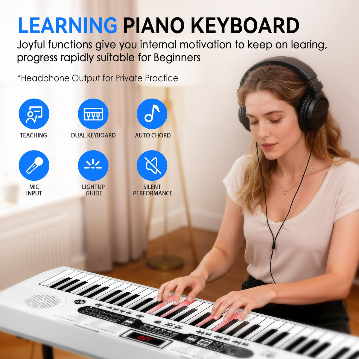 Redsmile 61-Key Piano Keyboard with Lighted Keys, Stand, Bench, Microphone, Headphone, Electronic Keyboard Piano Set, White