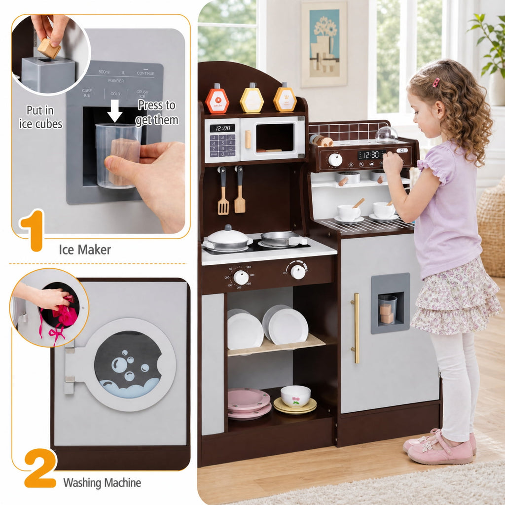 Redsmile Wooden Kids Kitchen Set for Toddlers 3+ Years, Pretend Play Kitchen with Coffee Maker, Ice Maker and 27 Accessories, Toddler Kitchen Playset with Ample Storage, Christmas Gift, Coffee