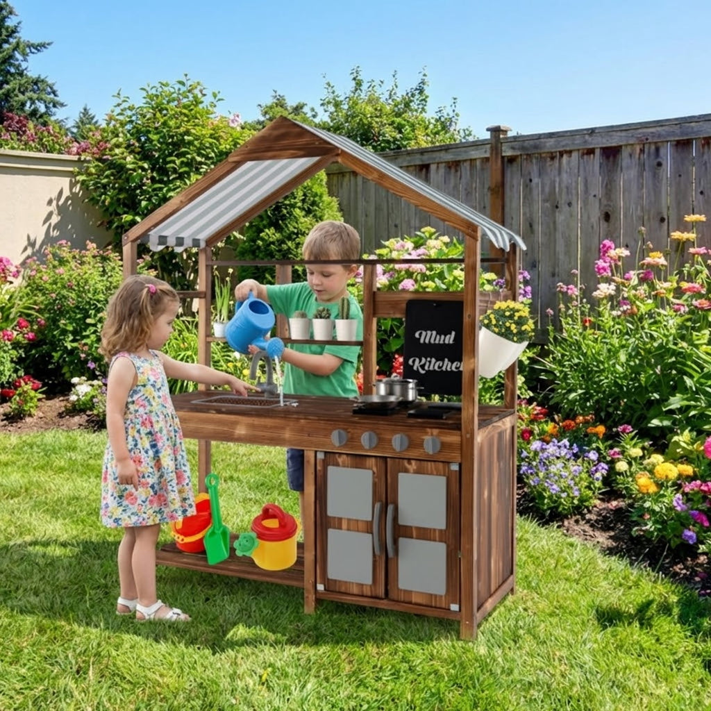 Redsmile Mud Kitchen for Kids Outdoor, Solid Fir Wood Play Kitchen with Canopy Sink Faucet 4 Stoves and Chalkboard, Toddler Outdoor Playset for Backyard Garden, Ages 3-7, Natural